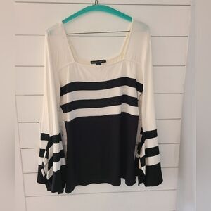 Boston Proper Black and White Striped Blouse With Bell Like Bottom Sleeves